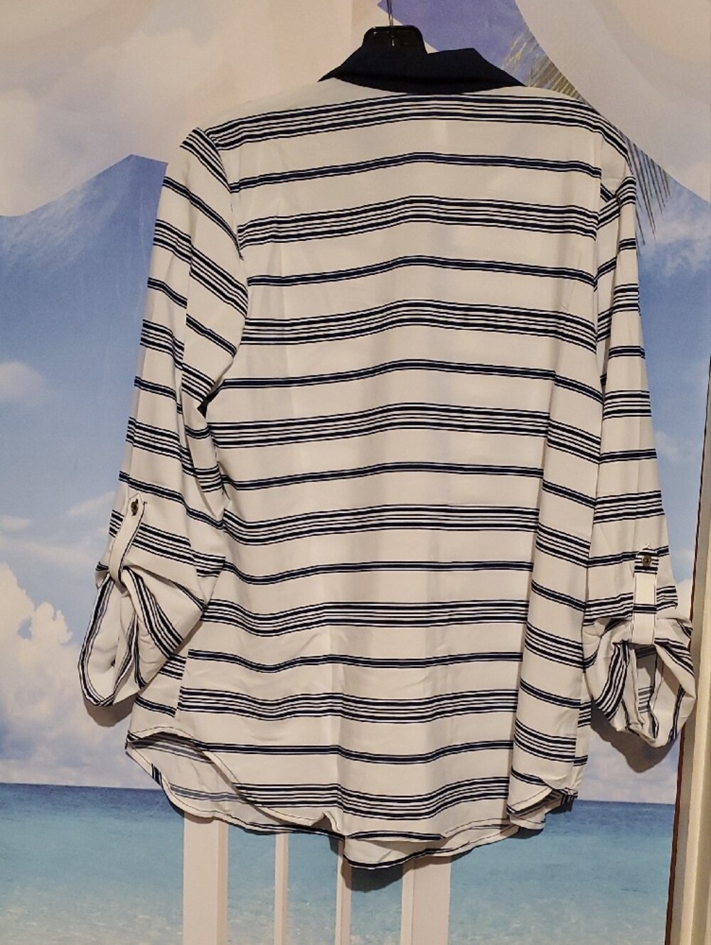 NY Collection White & Navy Striped Button-Down Polo Shirt - Picture 8 of 9